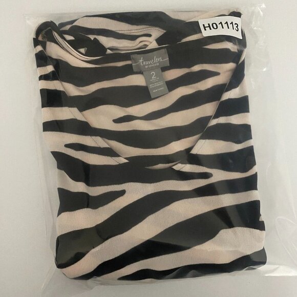 Chicos Travelers Zebra Print Top Size 2 US L Slinky Knit 3/4 Tie Sleeves - Picture 9 of 9